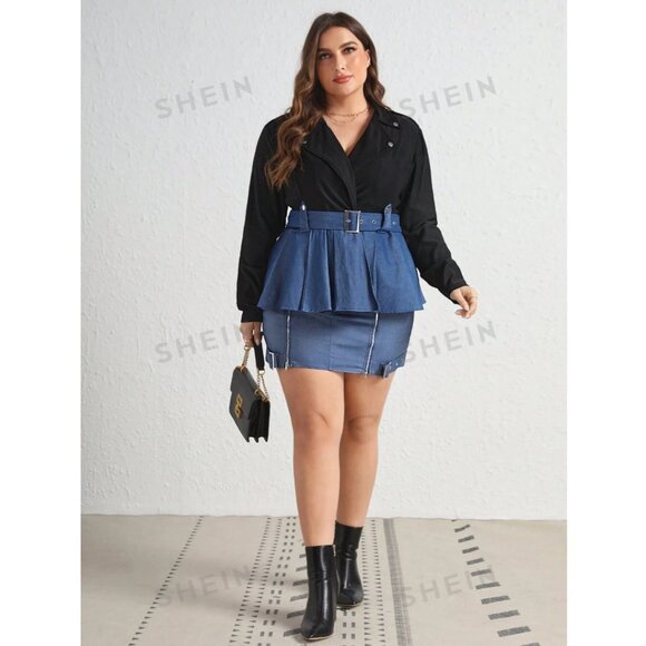 Shein Sylvia Mollie Plus Faux Denim Black Peplum Colorblock Blazer Jacket 12, 0X - Picture 2 of 11